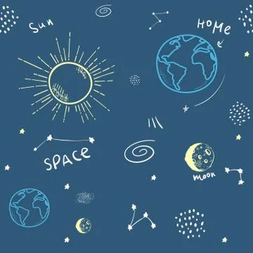 Universe seamless pattern vector illustration. doodle Cartoon galaxy with com Stock Illustration