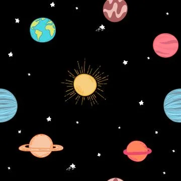 Universe seamless pattern vector illustration. Cartoon galaxy with comets, as Stock Illustration