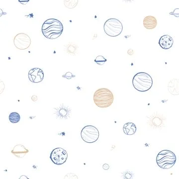 Universe seamless pattern vector illustration. doodle Cartoon galaxy with com Illustrazione stock