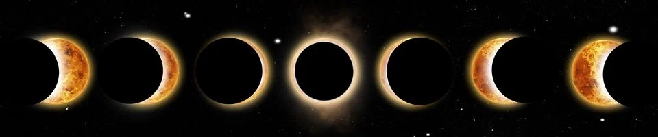 Universe, solar system with moon in eclipse stages on dark sky, stars and sun Fotos Stock