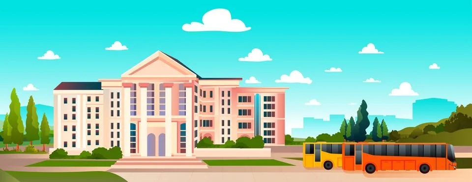 University building empty front yard with green trees road crosswalk and orange Ilustración de archivo