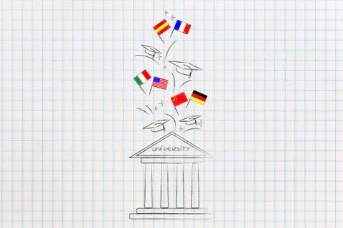University building with foreign language flags and graduation hats popping o Ilustración de archivo
