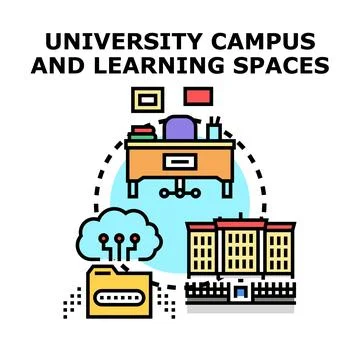University campus learning spaces and online education concept Illustrazione stock