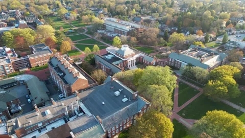 University of Delaware spring drone golden hour descending twist memorial hall Stock Footage 306857040
