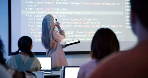 University, female lecturer and coding on projector screen for data structure Stock Footage 274870203