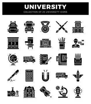 University icons collection with educational objects and buildings. Stockillustratie