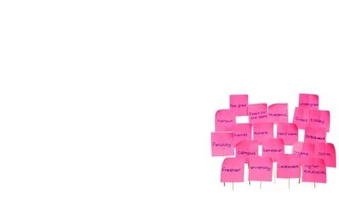 University keywords on post it notes with white background and pink notes Stock Photos