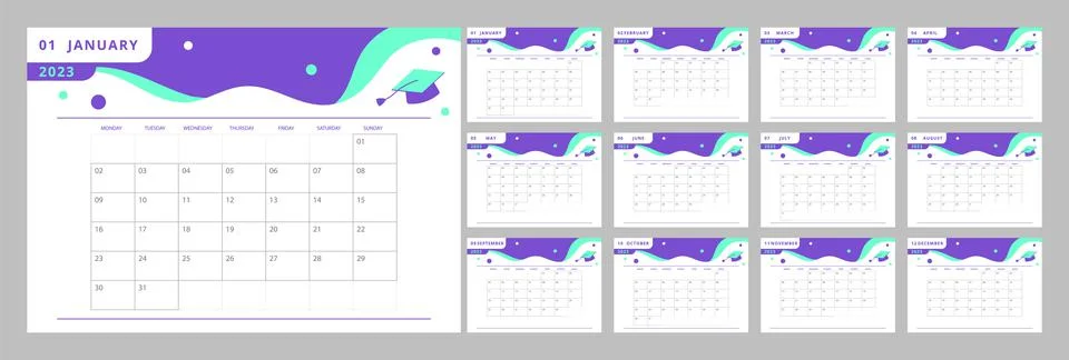 University learning program desk calendar design template for 2023 year Stock Illustration