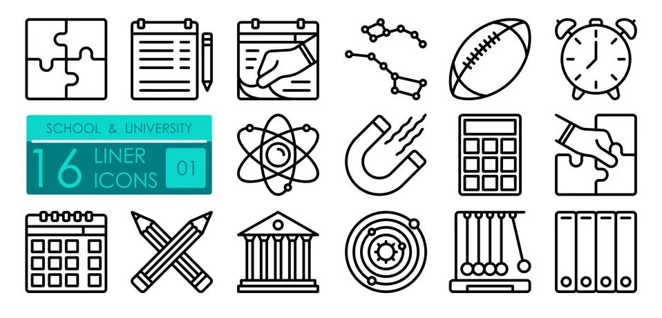 University linear icons set. Structure of atom, calculator. Physical education Stock Illustration