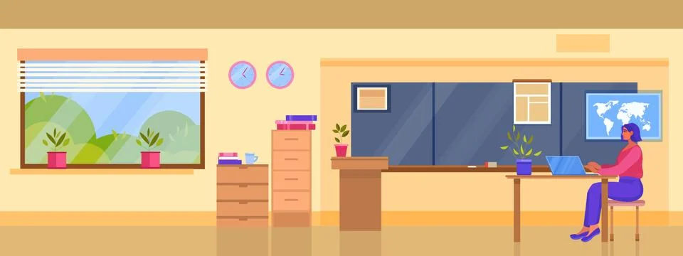 University or school classroom interior vector illustration with young female Stock Illustration