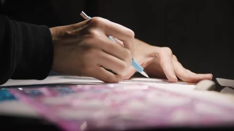 University student of architecture doing homework. The girls hands draws lines 스톡 동영상 248050340