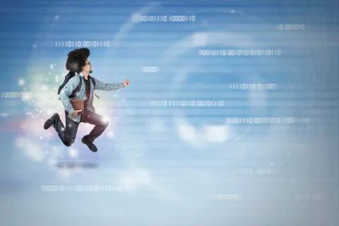 University student running inside binary code Foto stock