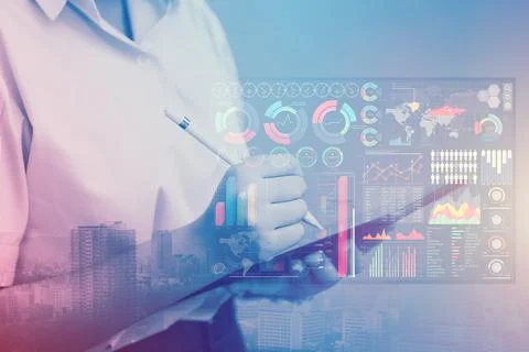 University student using modern technology to learning AI data smart infograp Stock Photos