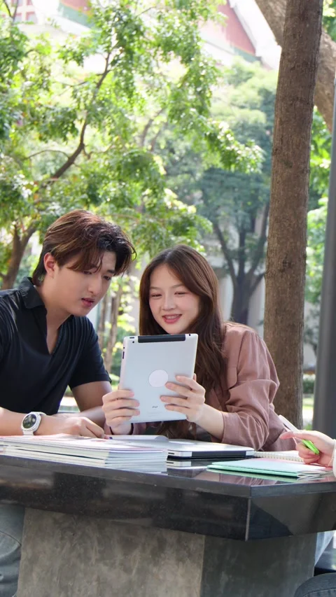 University Students Discussing Group Project with Tablet at Outdoor Campus Table Stock Footage 335617157