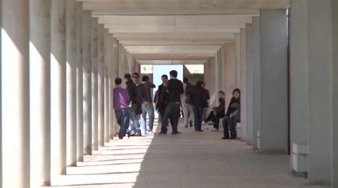 University students passing the outer campus corridor Stock Footage 65449631