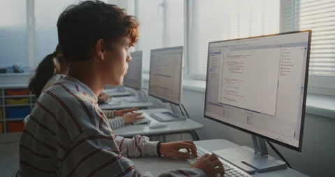 University Students Sit at Computers in Well Lit Classroom Opposite Window Stock-Footage 318519399