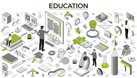 University study. Isometric students learning on training. Outline people in Stock Illustration