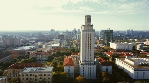 University of Texas Austin Clock Tower and Downtown Aerial Stock Footage 70101283