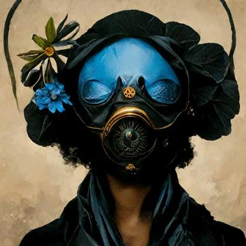 Unknown beautiful African woman wear protective gas mask with blue pretty flo Stock Illustration