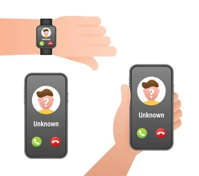 Unknown caller receiving scam call on smartphone and smartwatch Stock Illustration