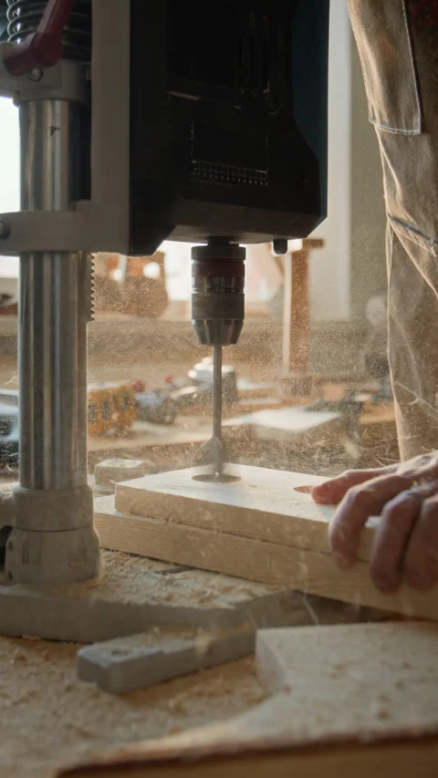 Unknown Carpenter Drilling Wooden Plank with Machine and Blowing Sawdust from It Stock Footage 334419451