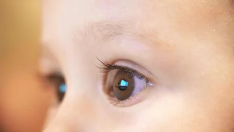Unknown cartoon on computer screen reflects in baby's eyes. Close-up shot Stock Photos