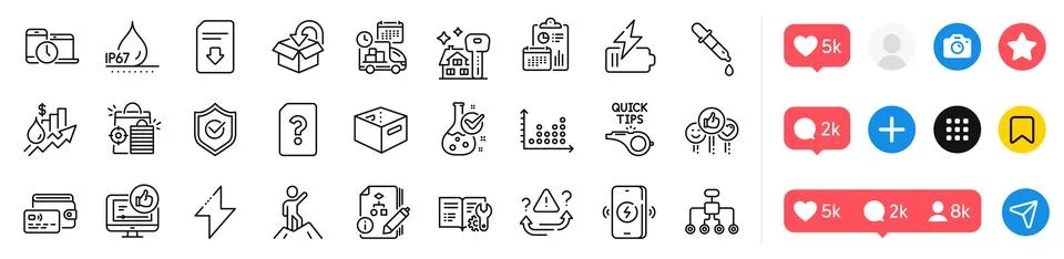 Unknown file, Wireless charging and Return package line icons pack. For web app Ilustración de archivo