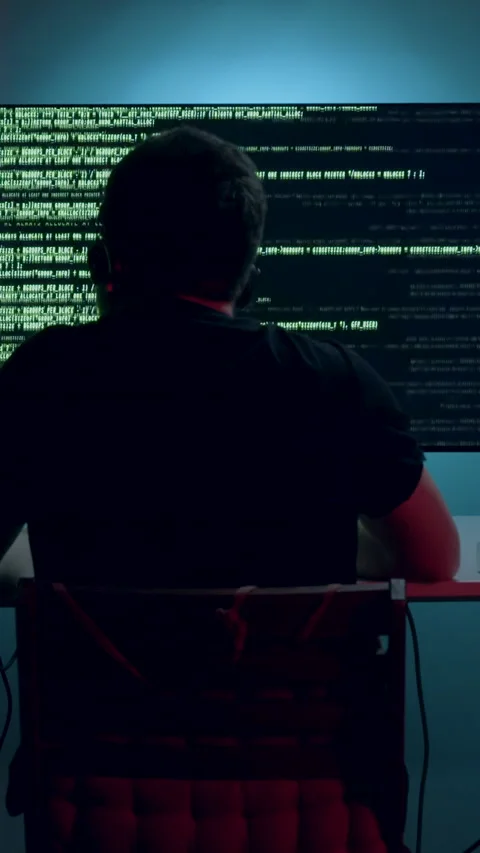 Unknown hacker from behind with headphones on his head in front of large Stock Footage 313929844