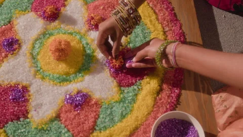 Unknown Indian Women Decorating Floor with Colorful Pattern for Holiday Stock Footage 344955251