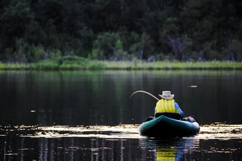 An unknown man on a float tube bringing in a trout Stock Photos