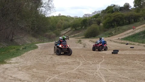 Unknown motorcycles train on mountainous terrain. Slow motion. Stock Footage 129381662