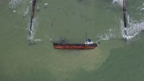 Unknown oil tanker shipwreck at the shore Stock Footage