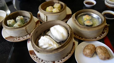 Unknown people eat Steam dumpling eating top view Stock Footage 63351423