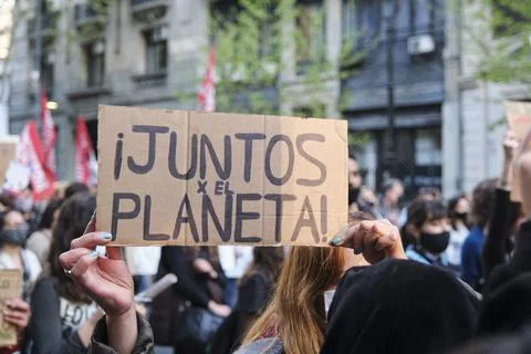 Unknown people protesting during the Global Climate Strike in Argentina Stock Photos
