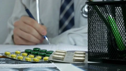 Unknown physician man is working at desk in hospital. legal drug store Stock-Footage 336587876