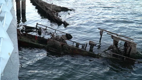 An unknown small ship that sank many years ago in the Caspian Sea Stock Footage 264163261