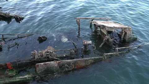 An unknown small ship that sank many years ago in the Caspian Sea Stock Footage 264163293