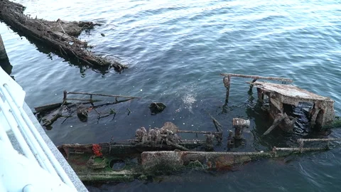 An unknown small ship that sank many years ago in the Caspian Sea Stock Footage 264163357