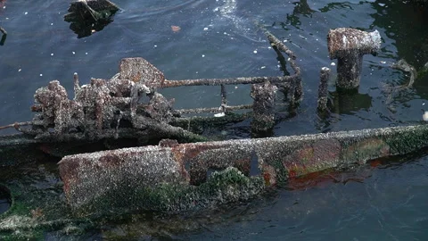 An unknown small ship that sank many years ago in the Caspian Sea Stock Footage 264163389