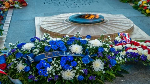 Unknown soldier flame and flowers in Paris under the Arc de Triumph, zoom in Video stock 99590596