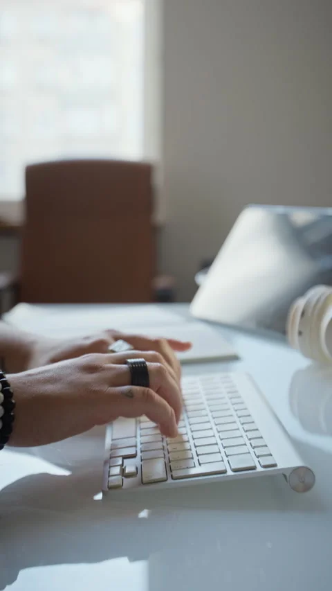 Unknown Woman Typing on Wireless Computer Keyboard at Office Desk Stock Footage 348153189