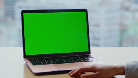 Unknown woman watching chromakey computer in panoramic cityscape office closeup Stock Footage 335246409