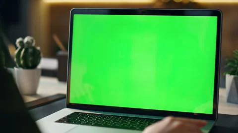 Unknown worker talking green screen laptop at video call workplace close up. Stock Footage 240576065