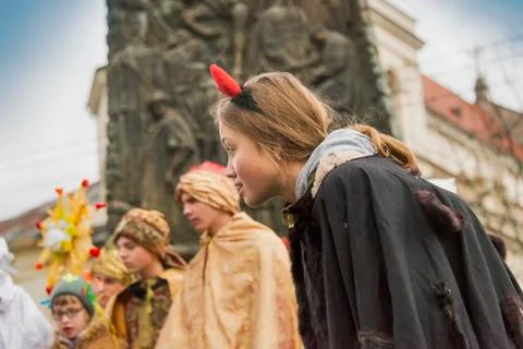 Unknown young actor in role devil plays for the citizens in a Christmas perfo Stock Photos