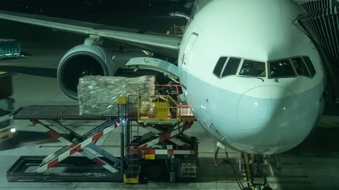 Unloading airplane cargo air freight logistic background at hong kong. Video stock 101524217