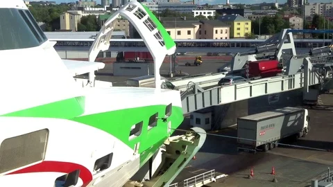 Unloading big ferry ship at the port Stock Footage 94913882