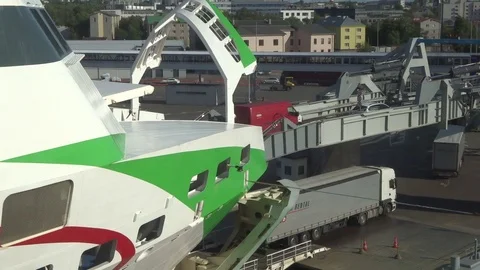 Unloading big ferry ship at the port Stock Footage 109332718
