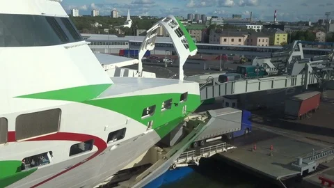 Unloading big ferry ship at the port Stock Footage 109332810