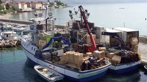 Unloading boats in port in Orebic Stock Footage 141148673