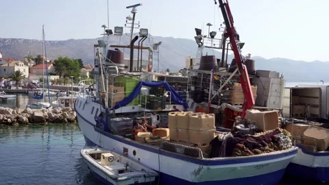 Unloading boats in port in Orebic Stock Footage 141148707